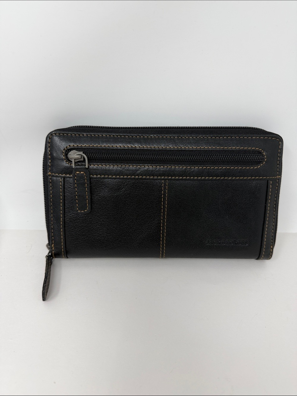 Leather Zip-Around Black Wallet with Exterior Pocket